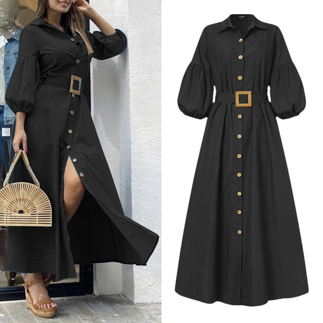 Solid Puff Sleeve Button Dress