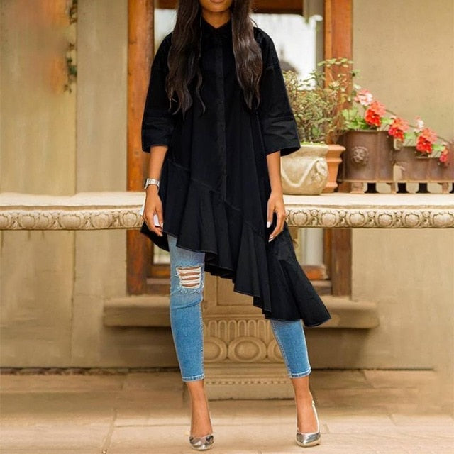 Ruffled 3/4 Sleeve Asymmetric Blouse